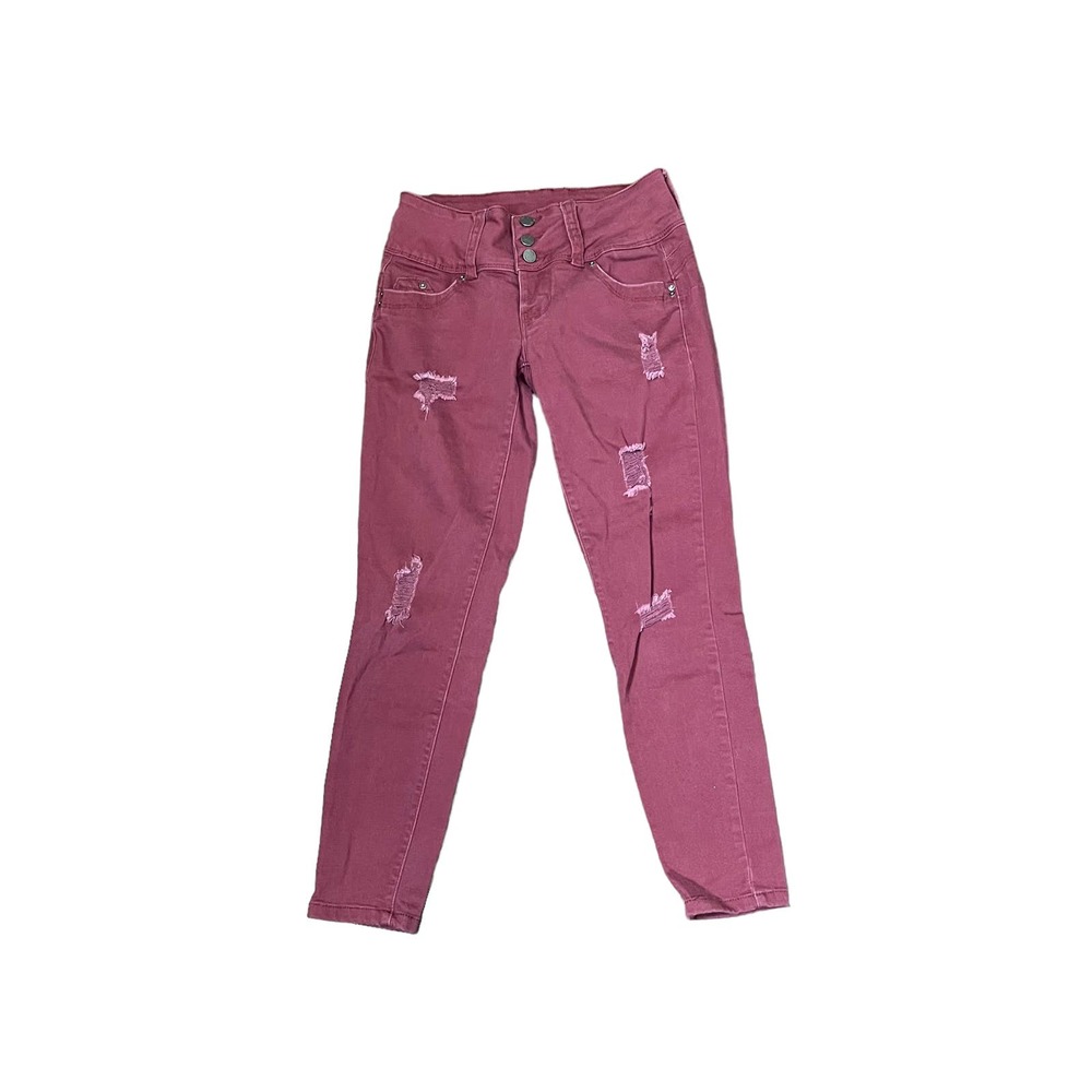 YMI Wanna Betta Butt? Jeans Size‎ 0 Burgundy Skinny Distressed Stretch 24X24